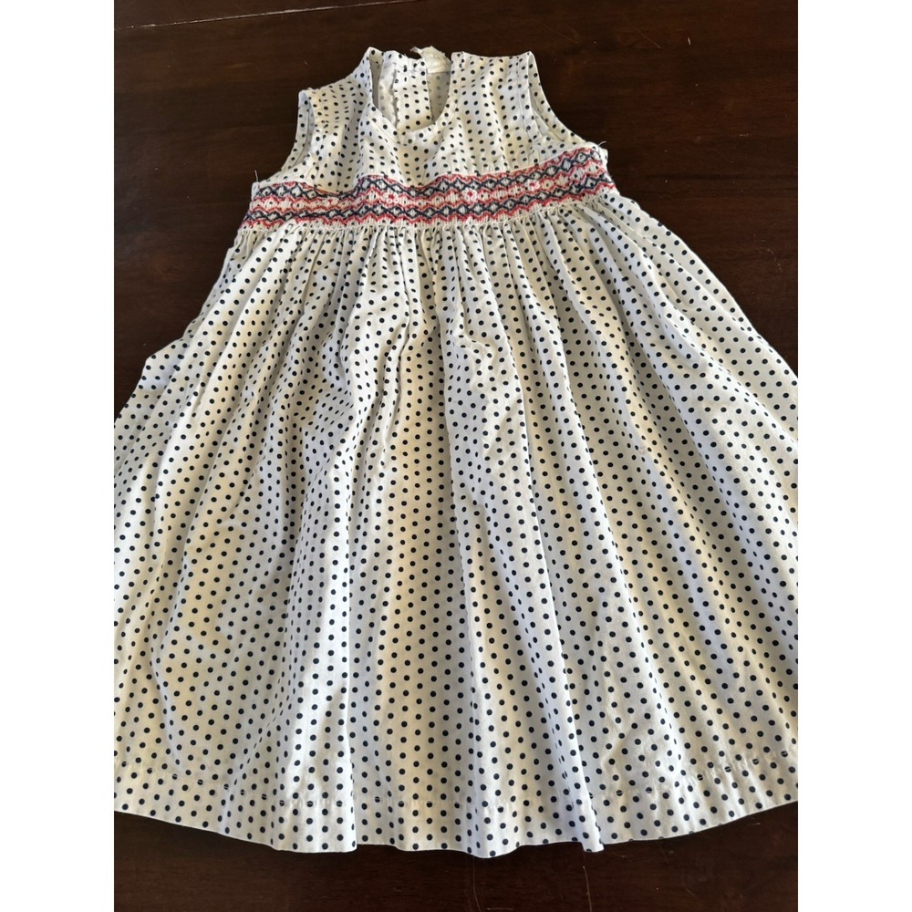 Vintage Girls Dress Smocked Polka Dot Red White Blue 4th Of July Patriotic 4 5